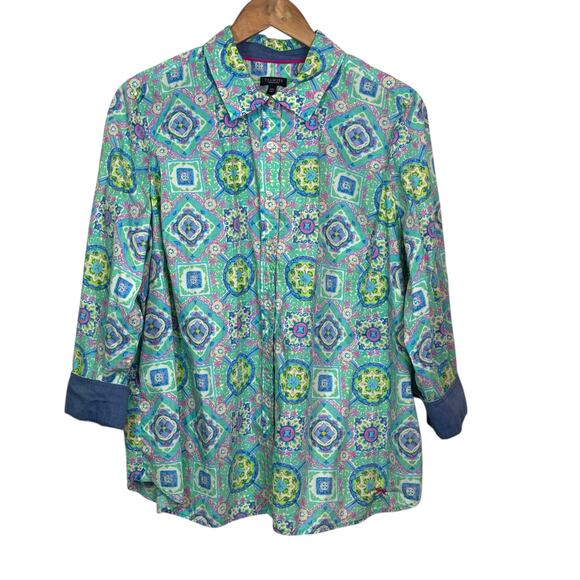 Talbots Woman Petites Size 2Xp Green and Blue Tile Print Button Up Blouse - Picture 1 of 6